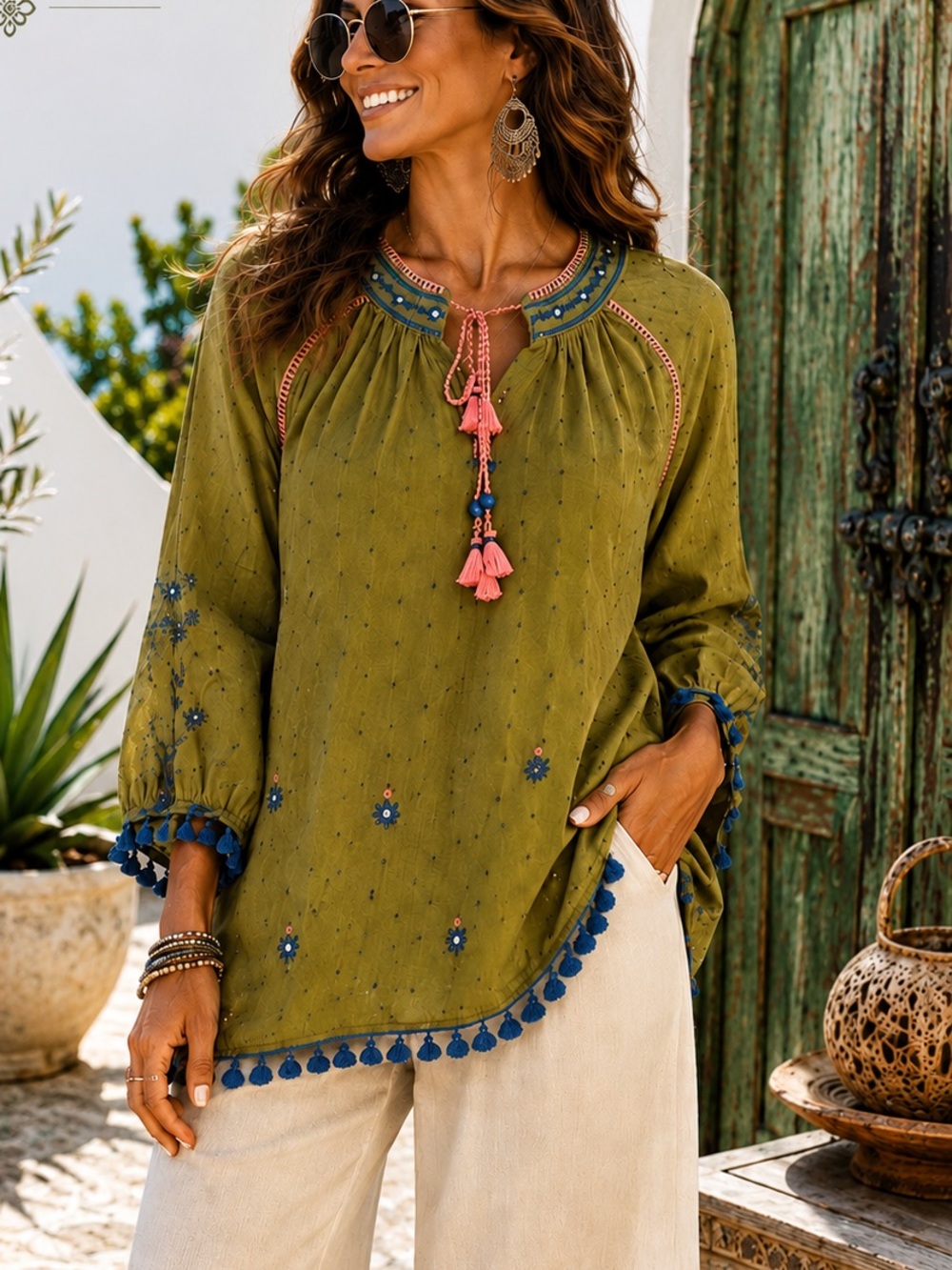 Ethnic by Outfitters Olive Embroidered Tassel Boho Tunic Top 100% Cotton Size M